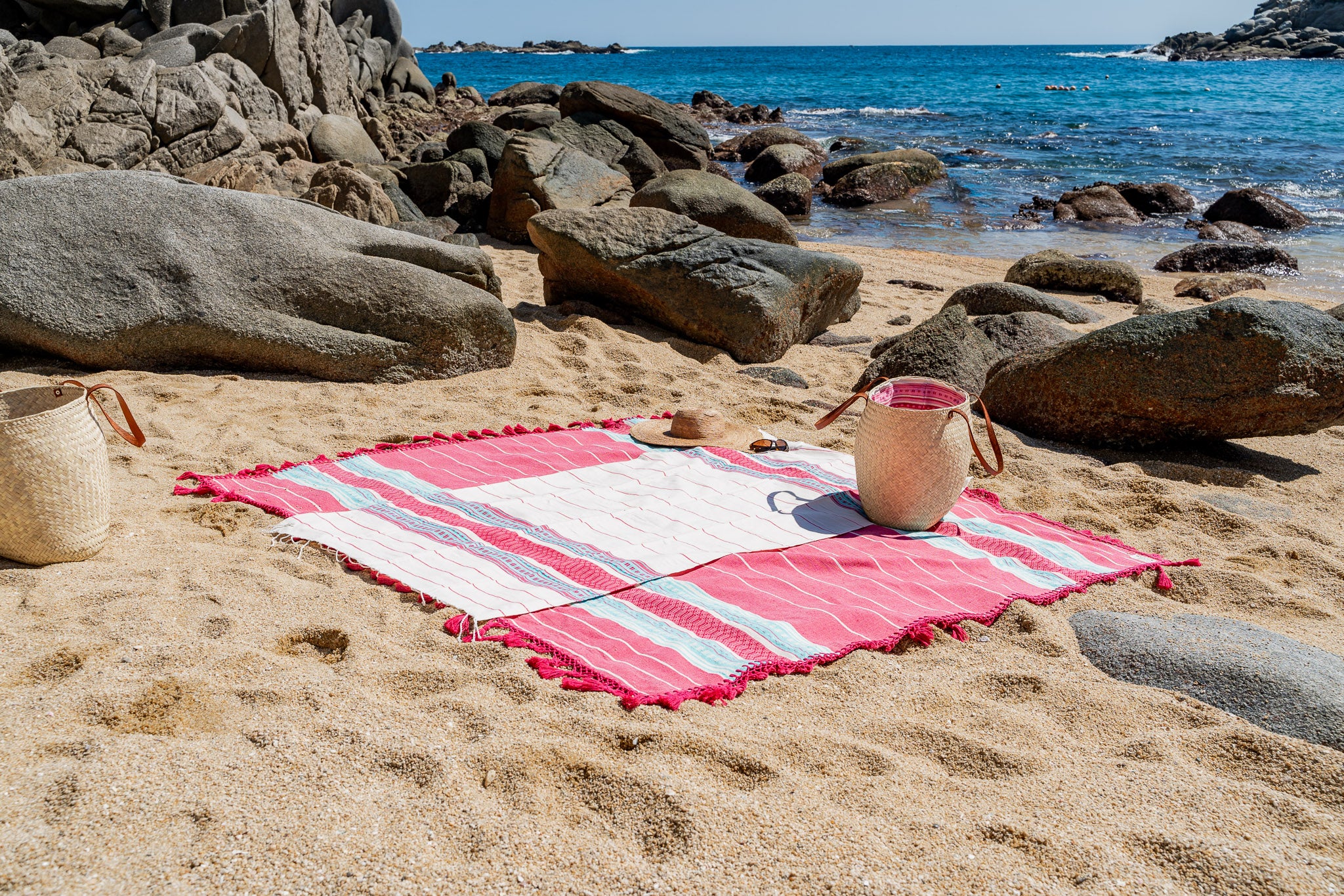 Pink and Aqua Beach blankets with Pom-Poms