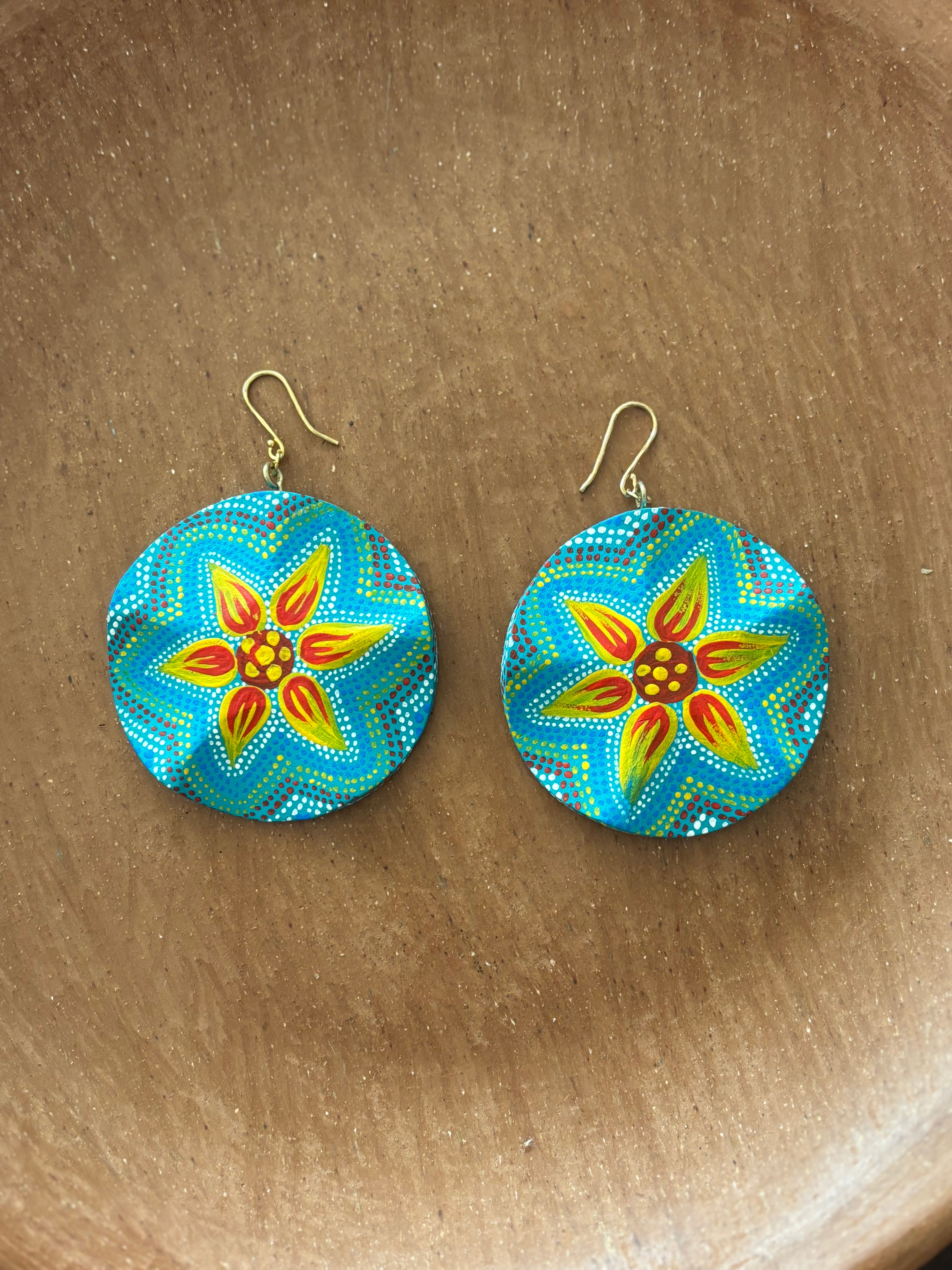 Large Round Turquoise with Yellow Starflower Earrings