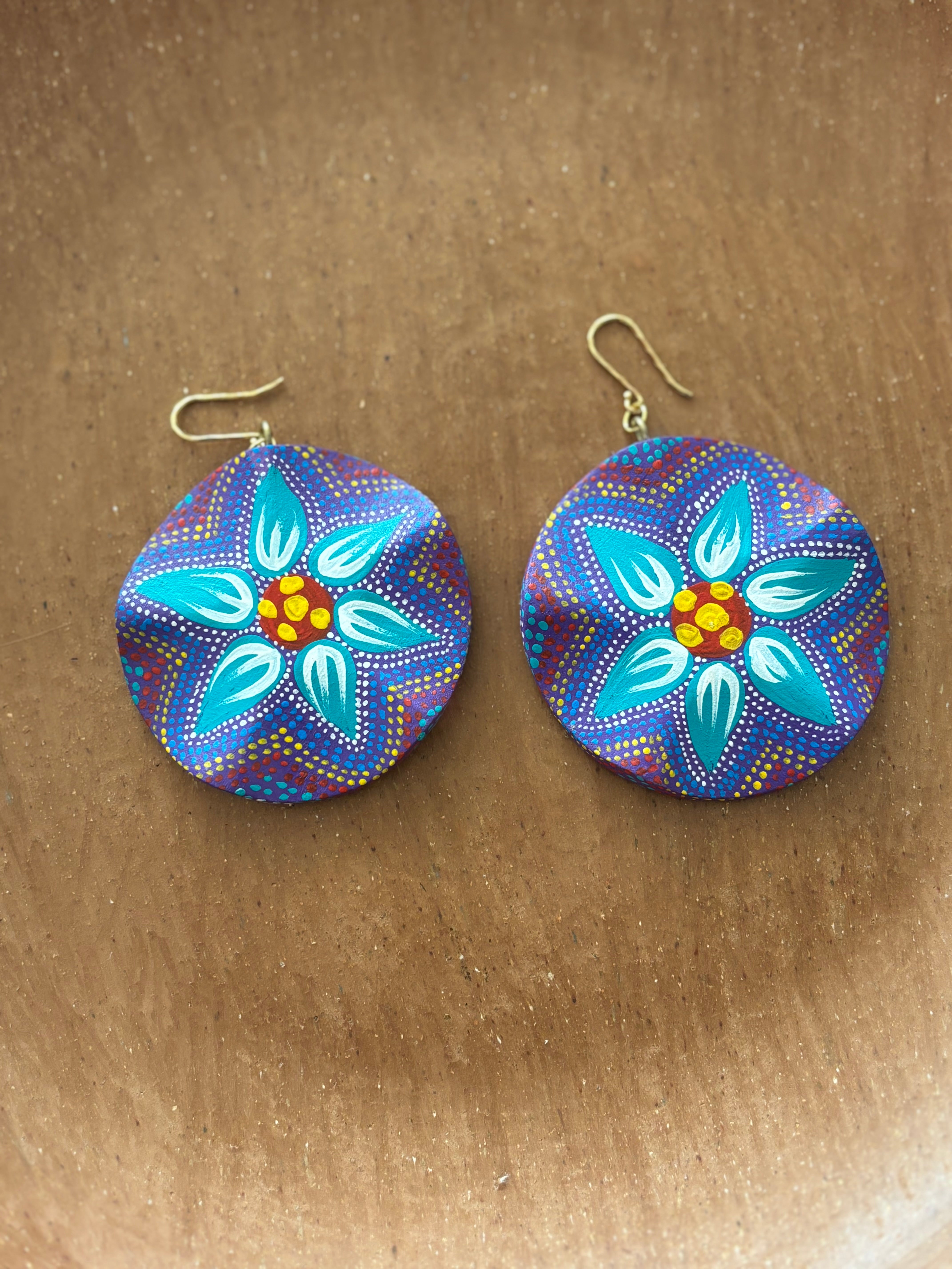 Large Round Purple with Turquoise, Yellow & Red Starflower Earrings