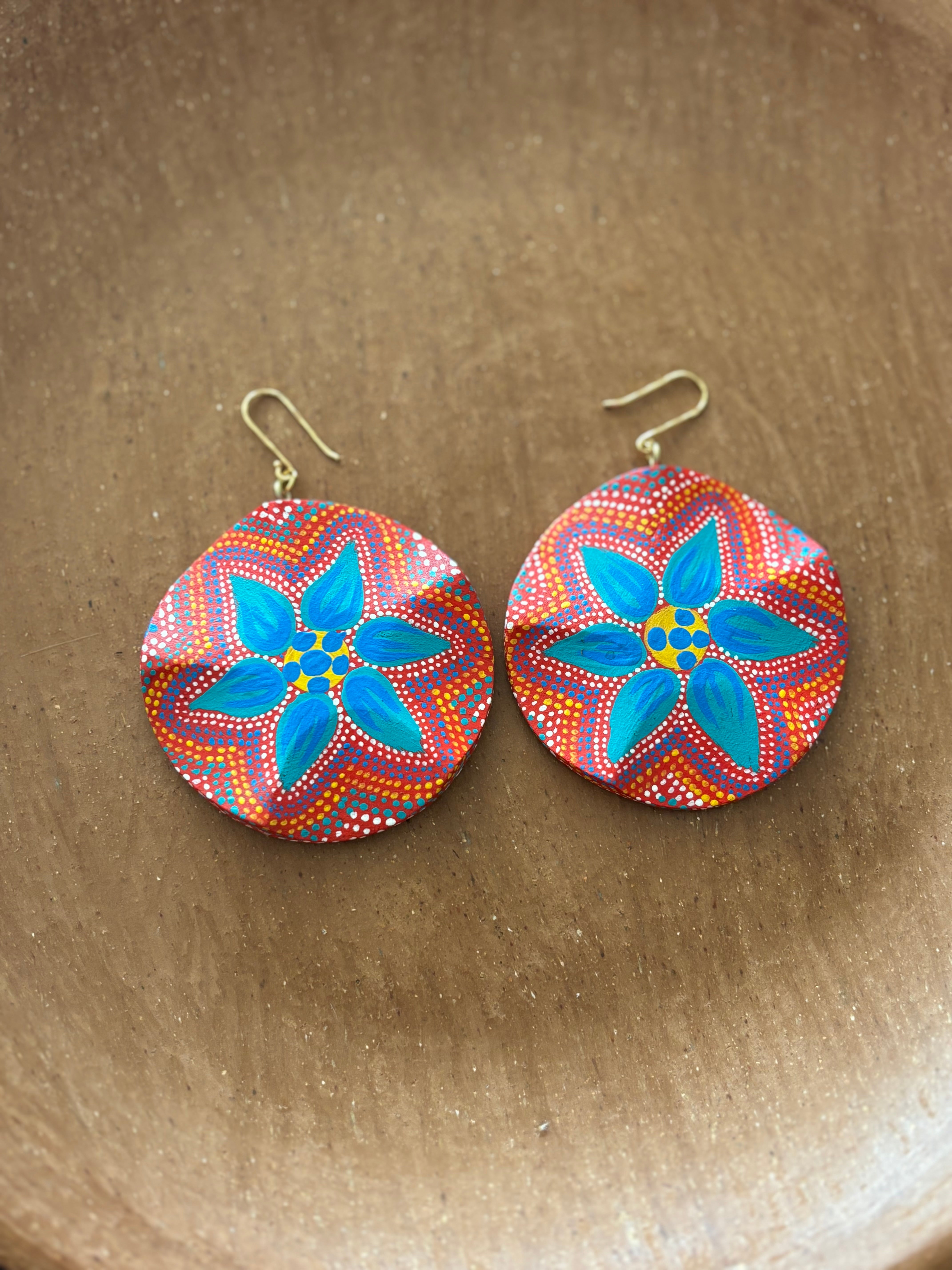 Large Round Red and Orange with Blue & Yellow Starflower Earrings