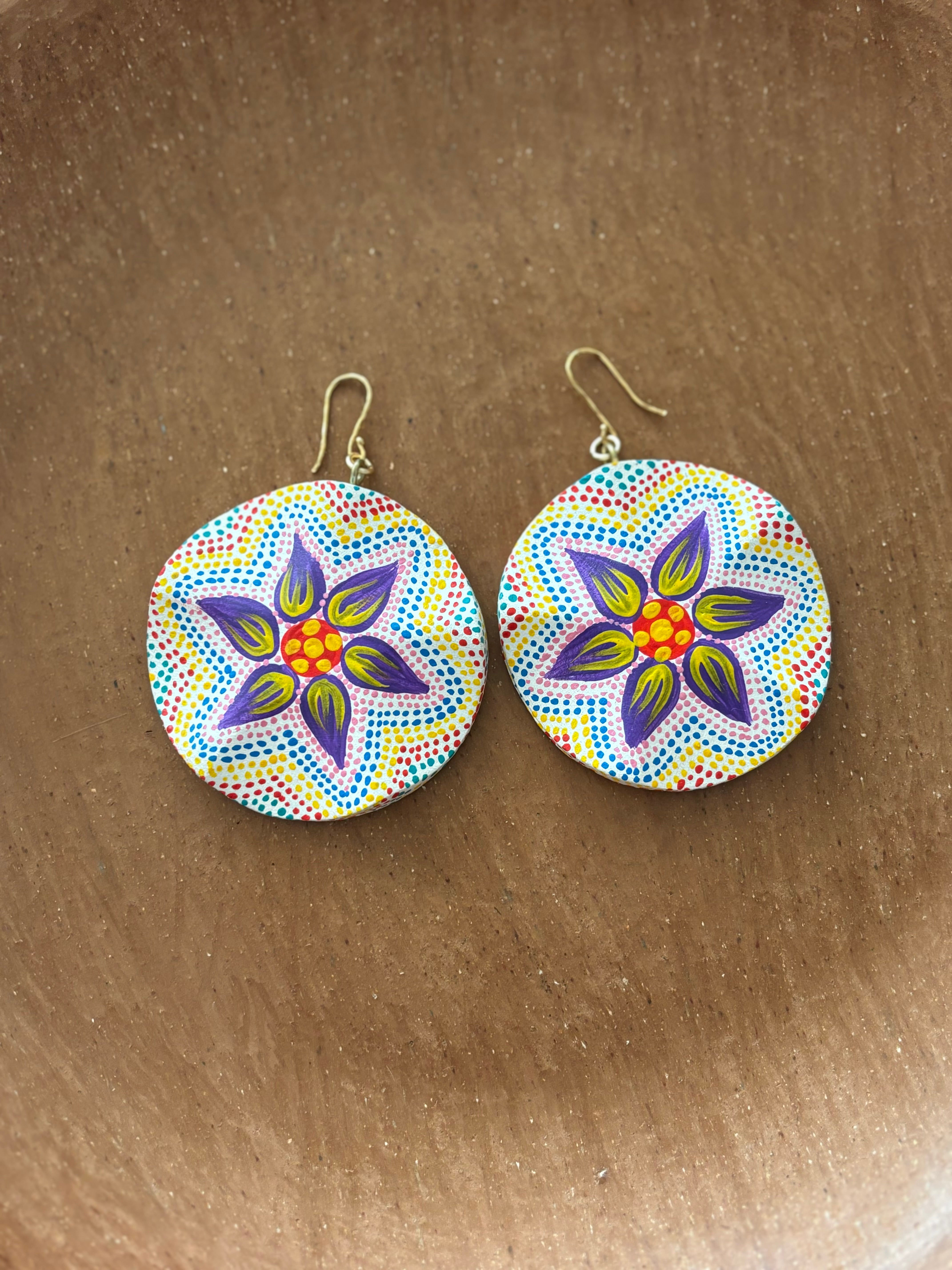 Large Round White and Pastel with Purple, Red & Gold Starflower Earrings