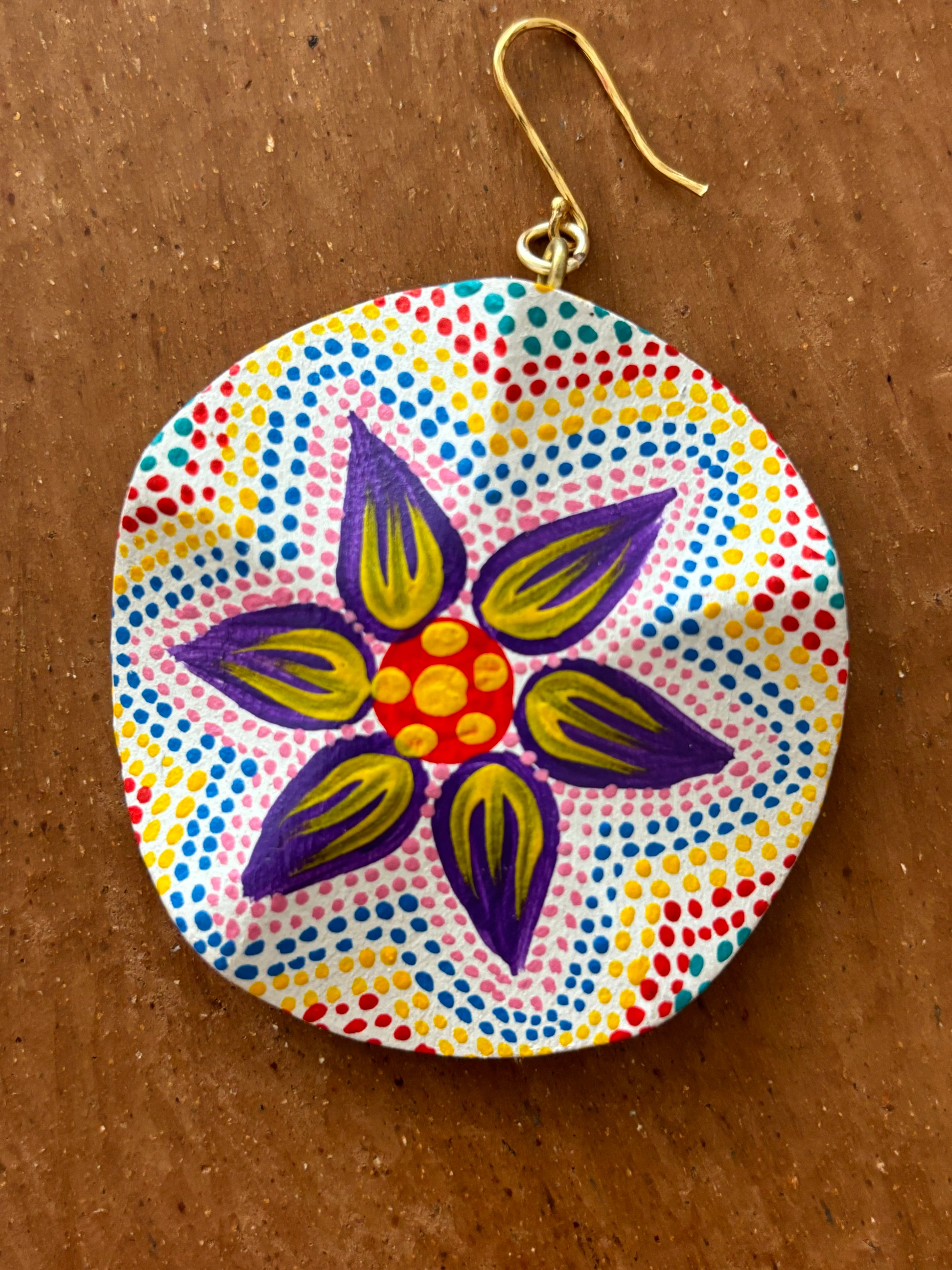 Large Round White and Pastel with Purple, Red & Gold Starflower Earrings