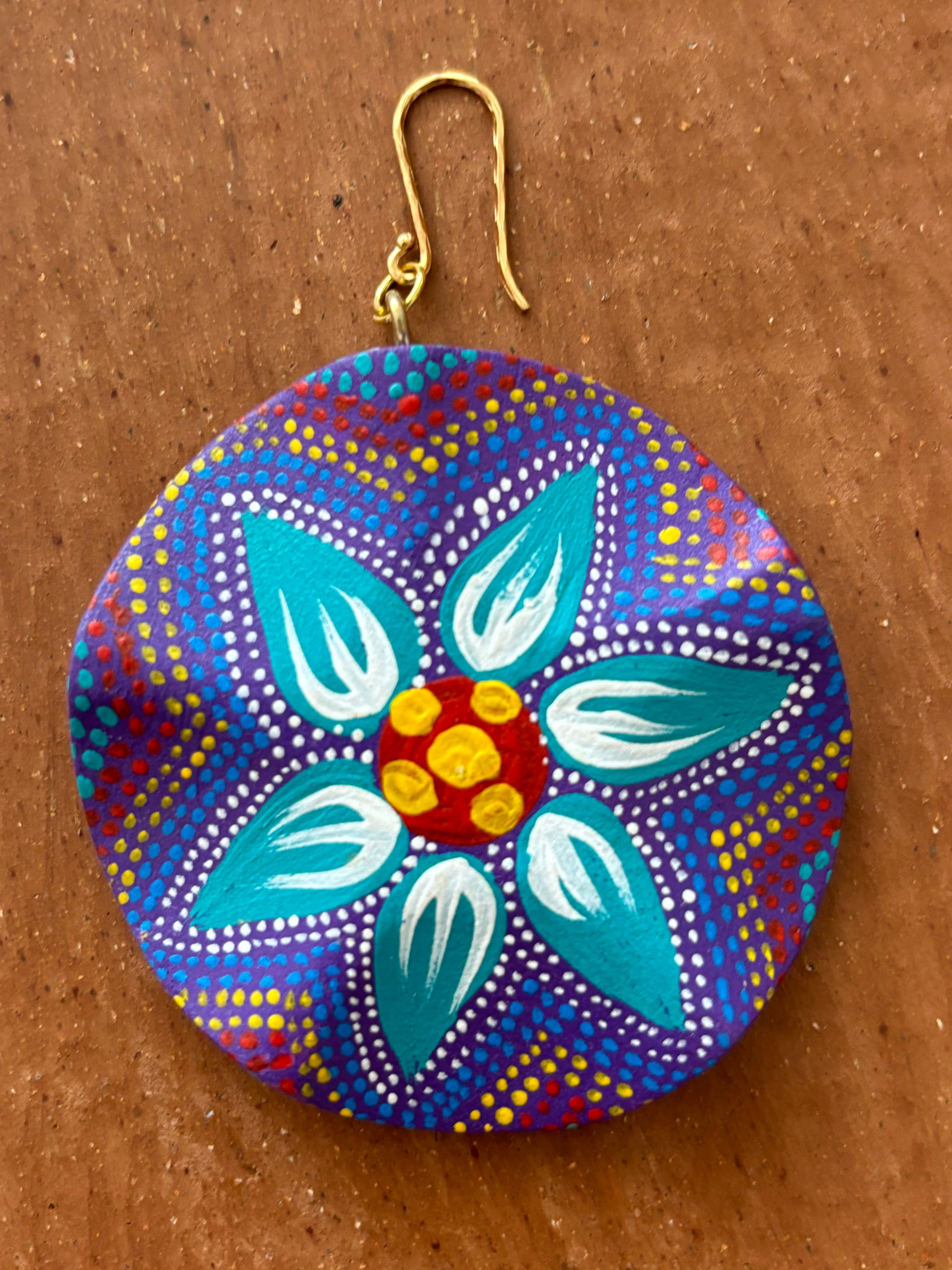Large Round Purple with Turquoise, Yellow & Red Starflower Earrings