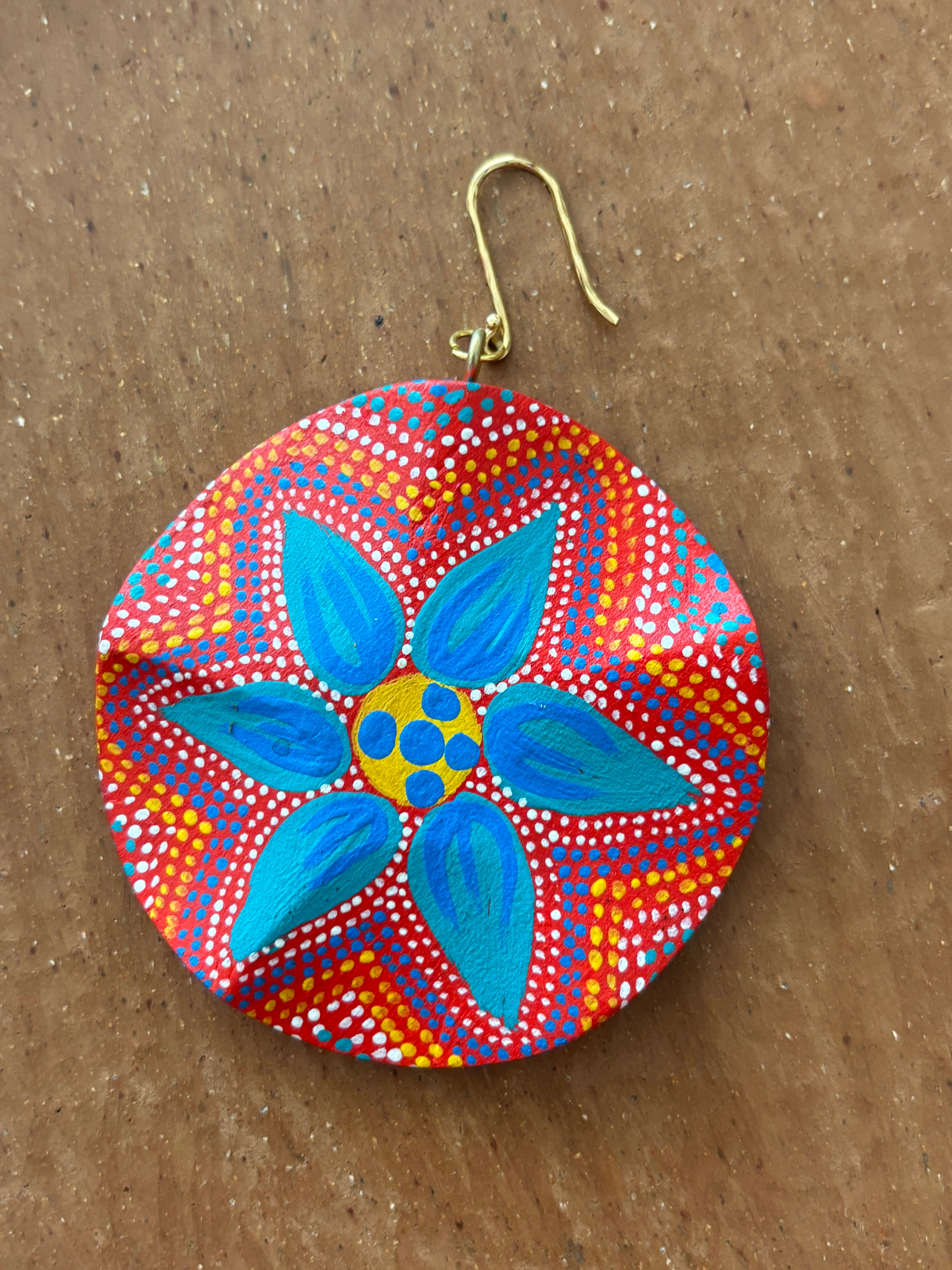 Large Round Red and Orange with Blue & Yellow Starflower Earrings