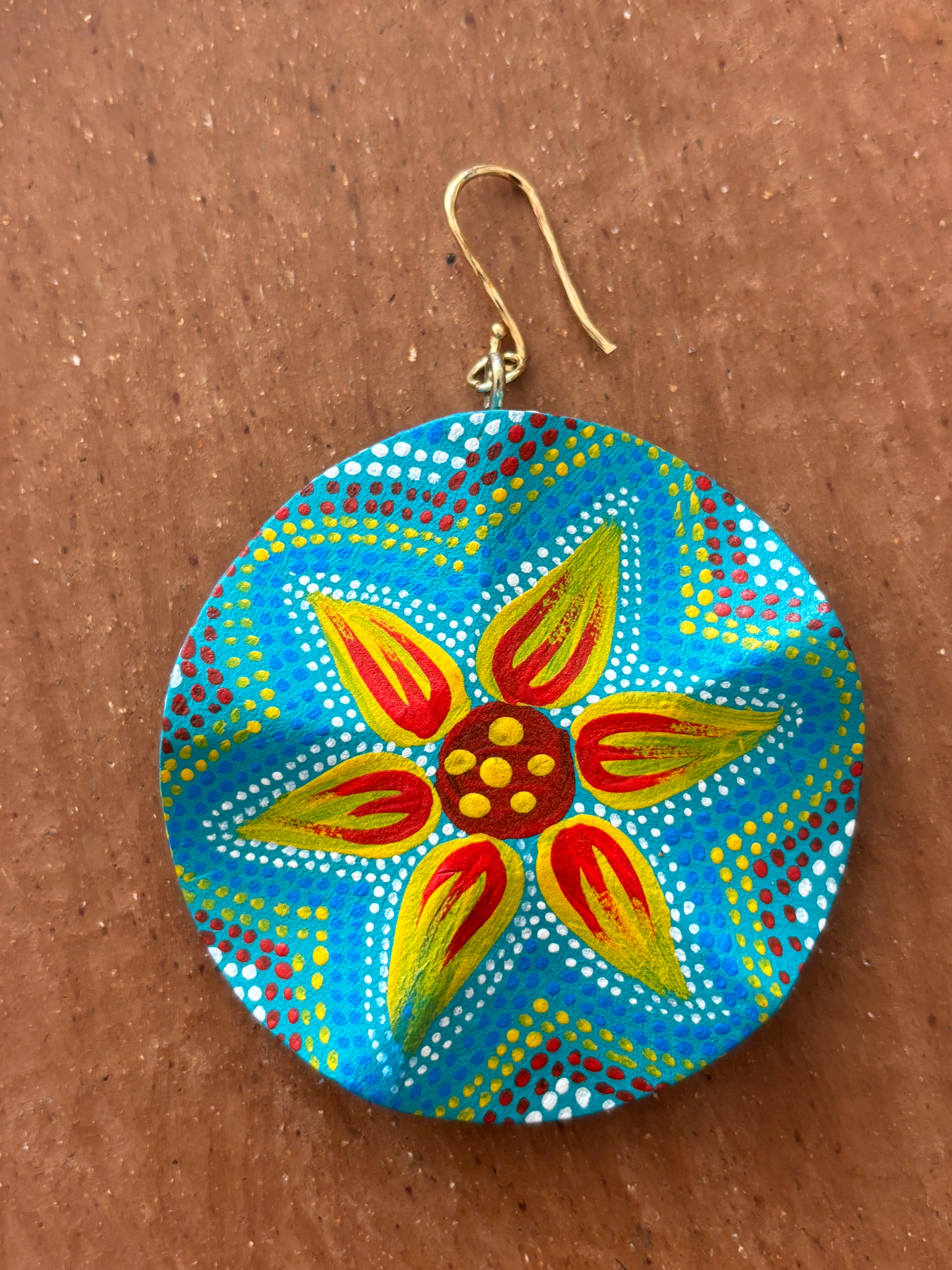 Large Round Turquoise with Yellow Starflower Earrings