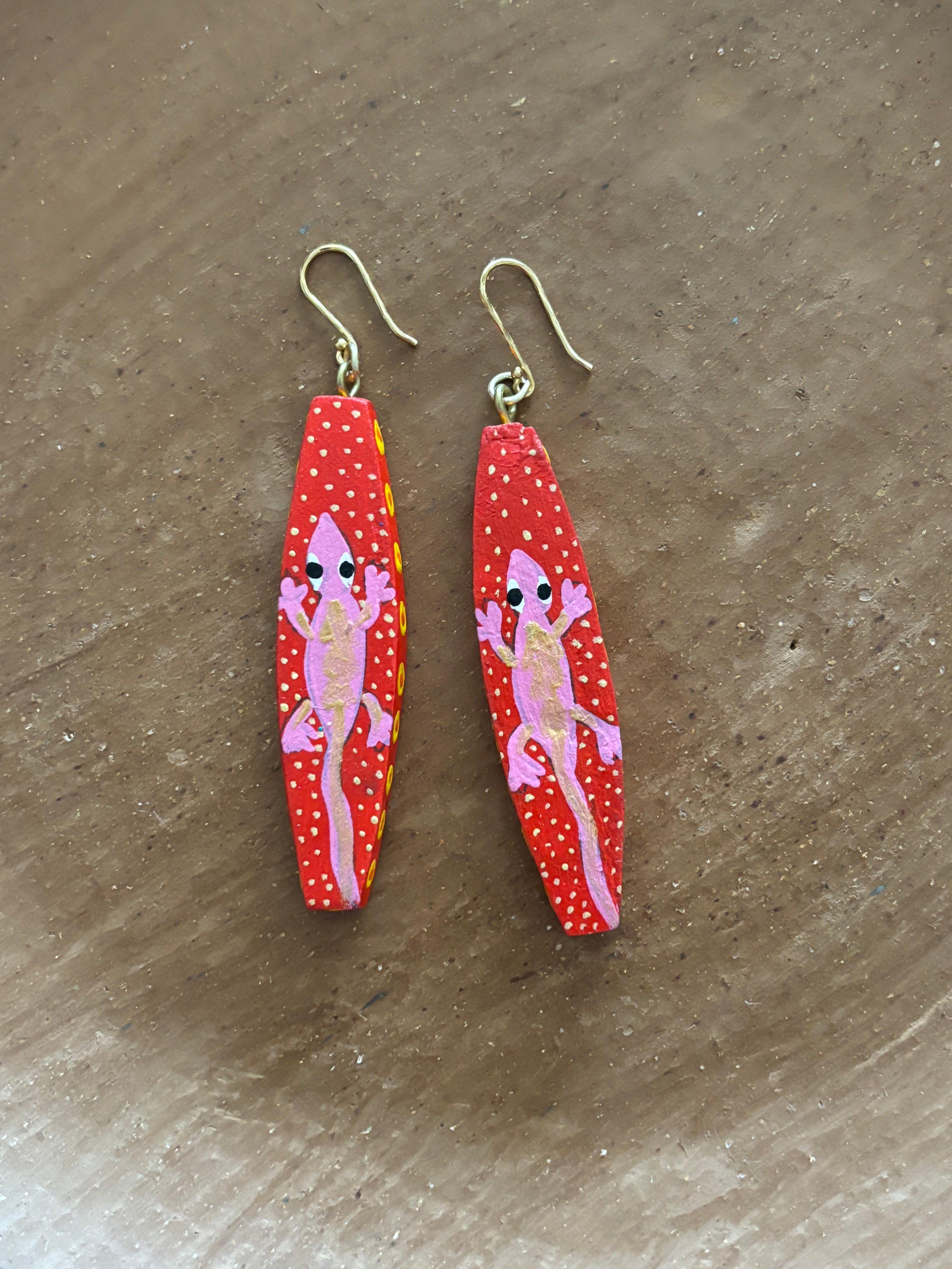 Red with Pink Lizard Earrings