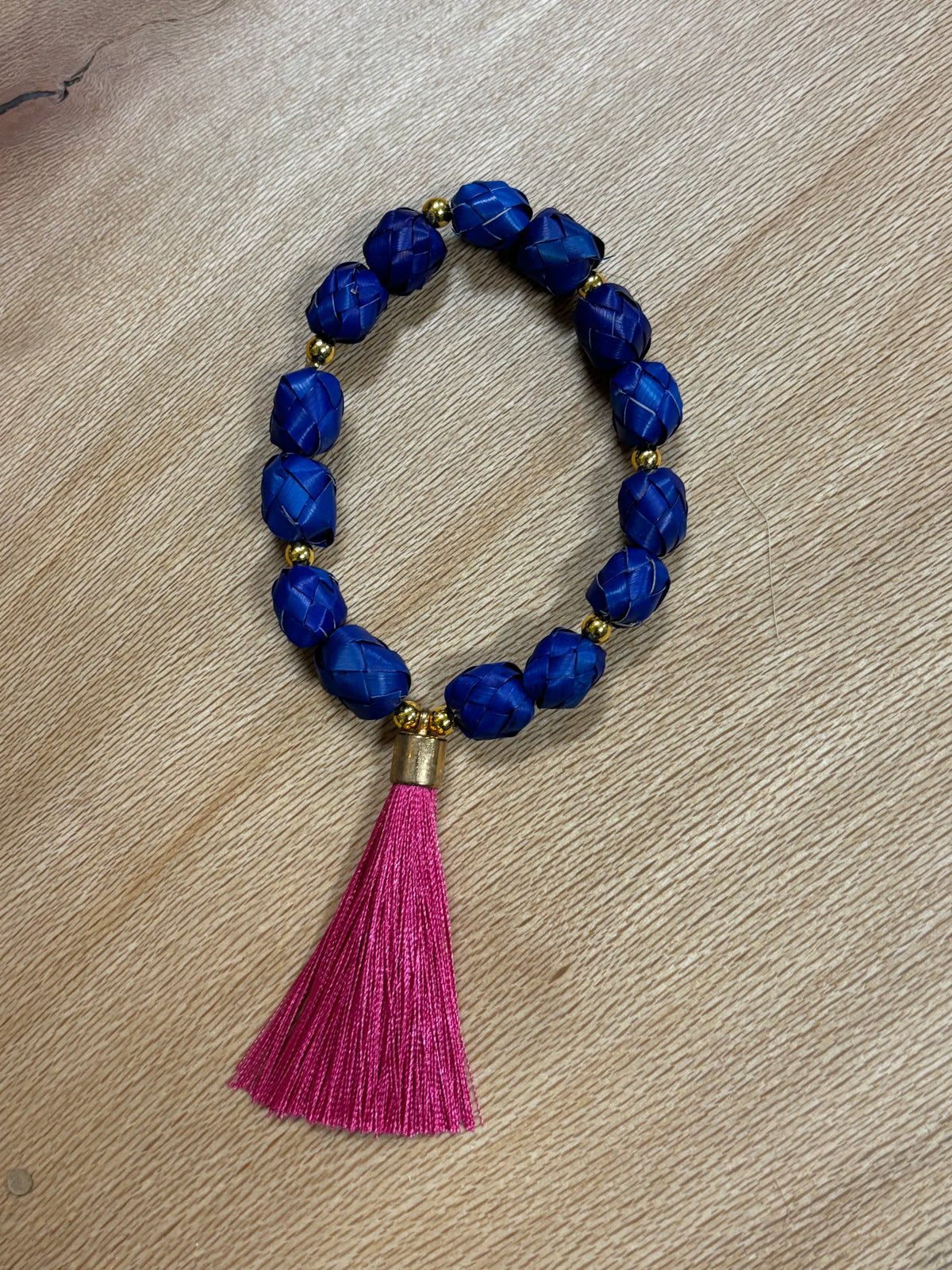 Blue Palm Bracelet with Pink Tassel