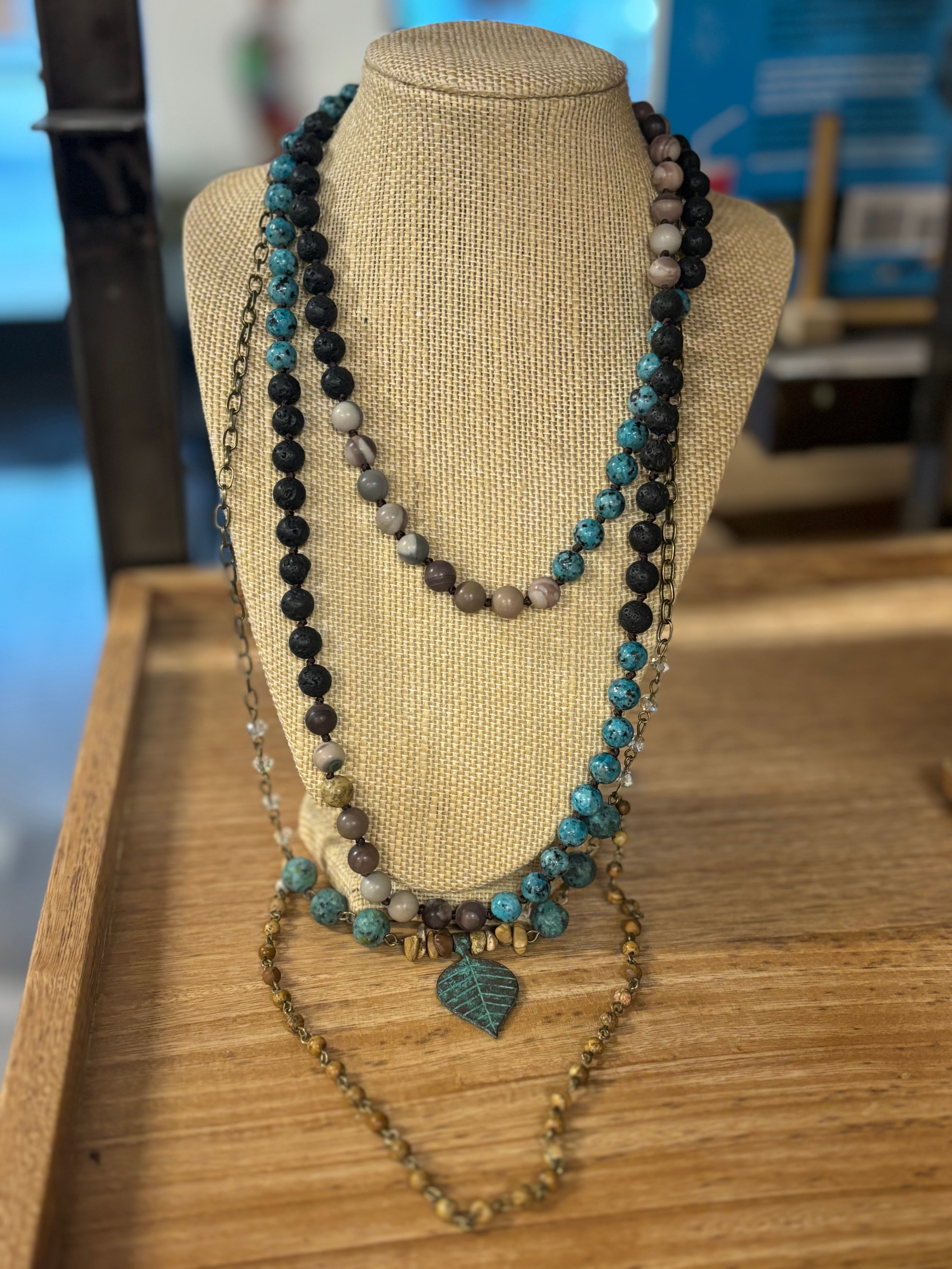 Verdigris Iron Leaf and Mixed Stones 3 Layer Necklace