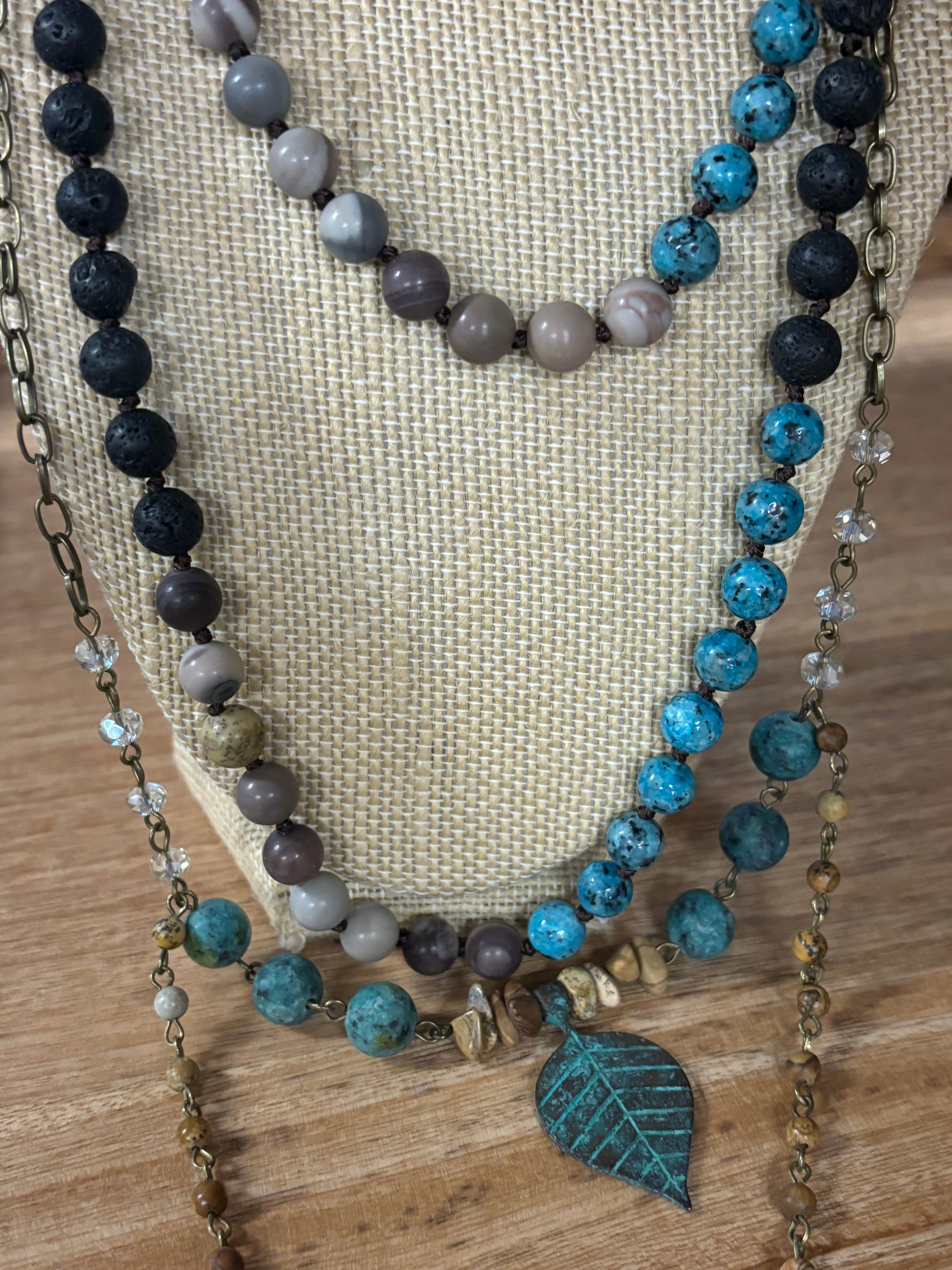 Verdigris Iron Leaf and Mixed Stones 3 Layer Necklace