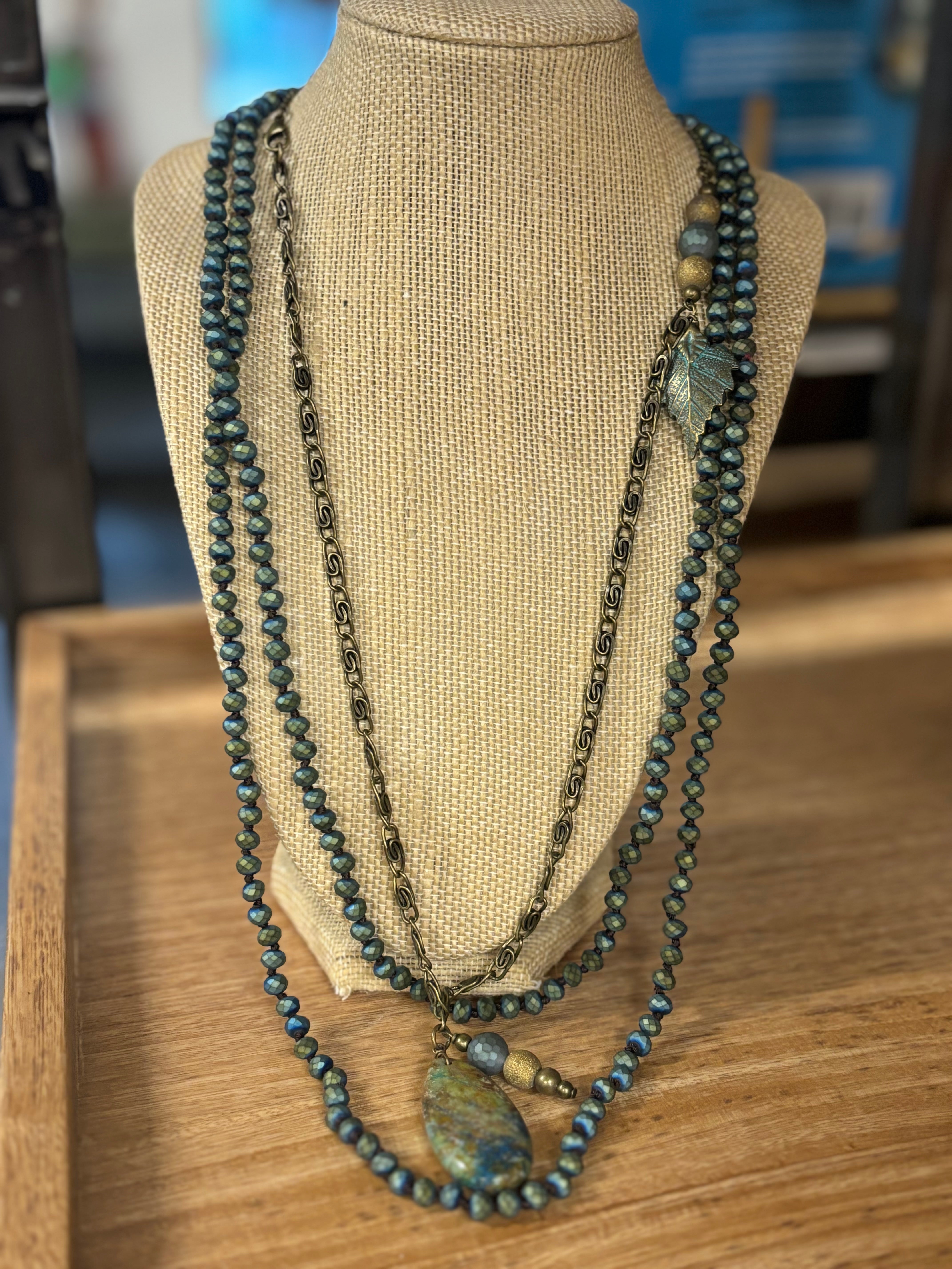 Vintage Chain & Beaded Necklace with Patina Leaves and Stone Pendant