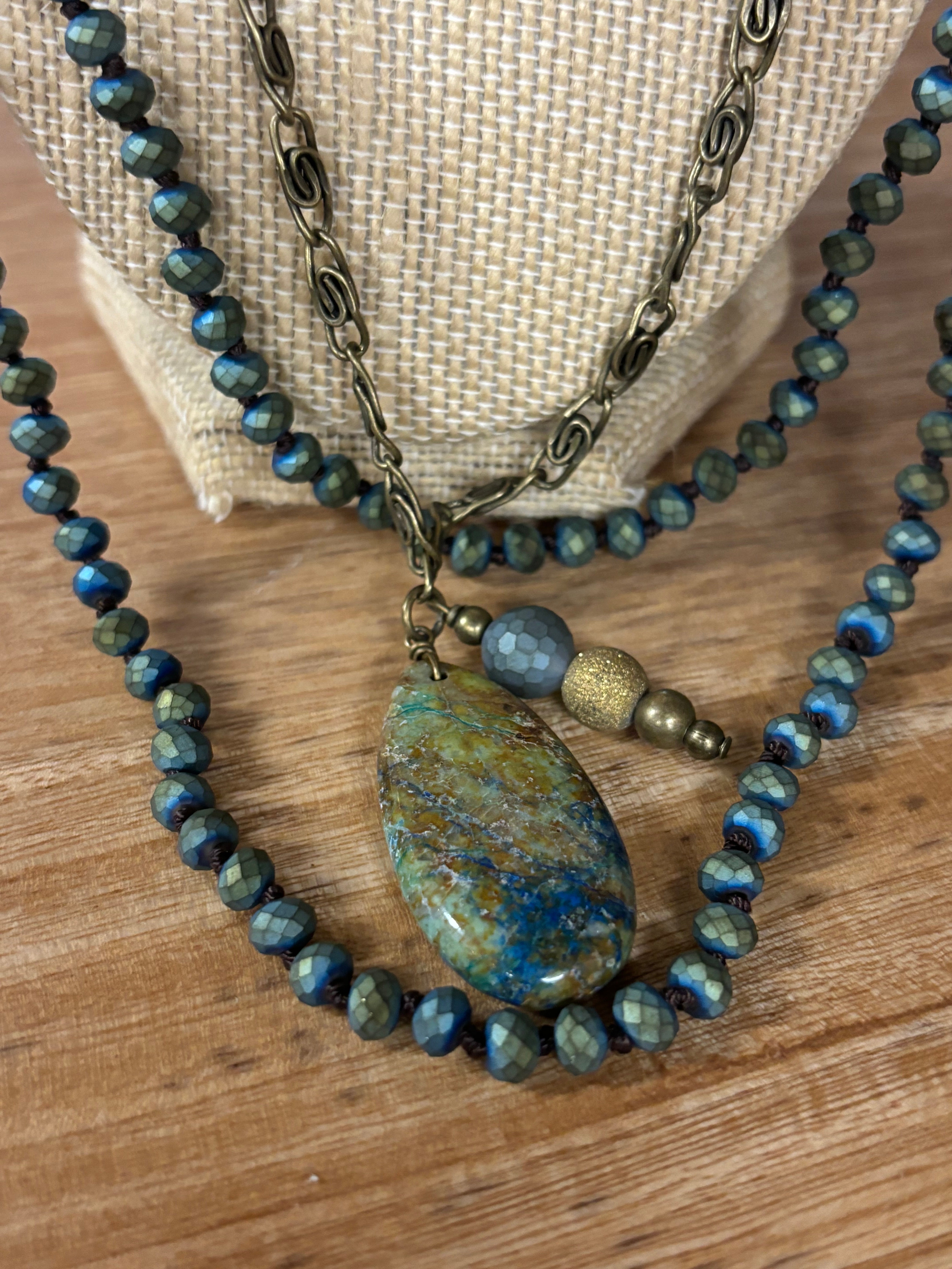 Vintage Chain & Beaded Necklace with Patina Leaves and Stone Pendant