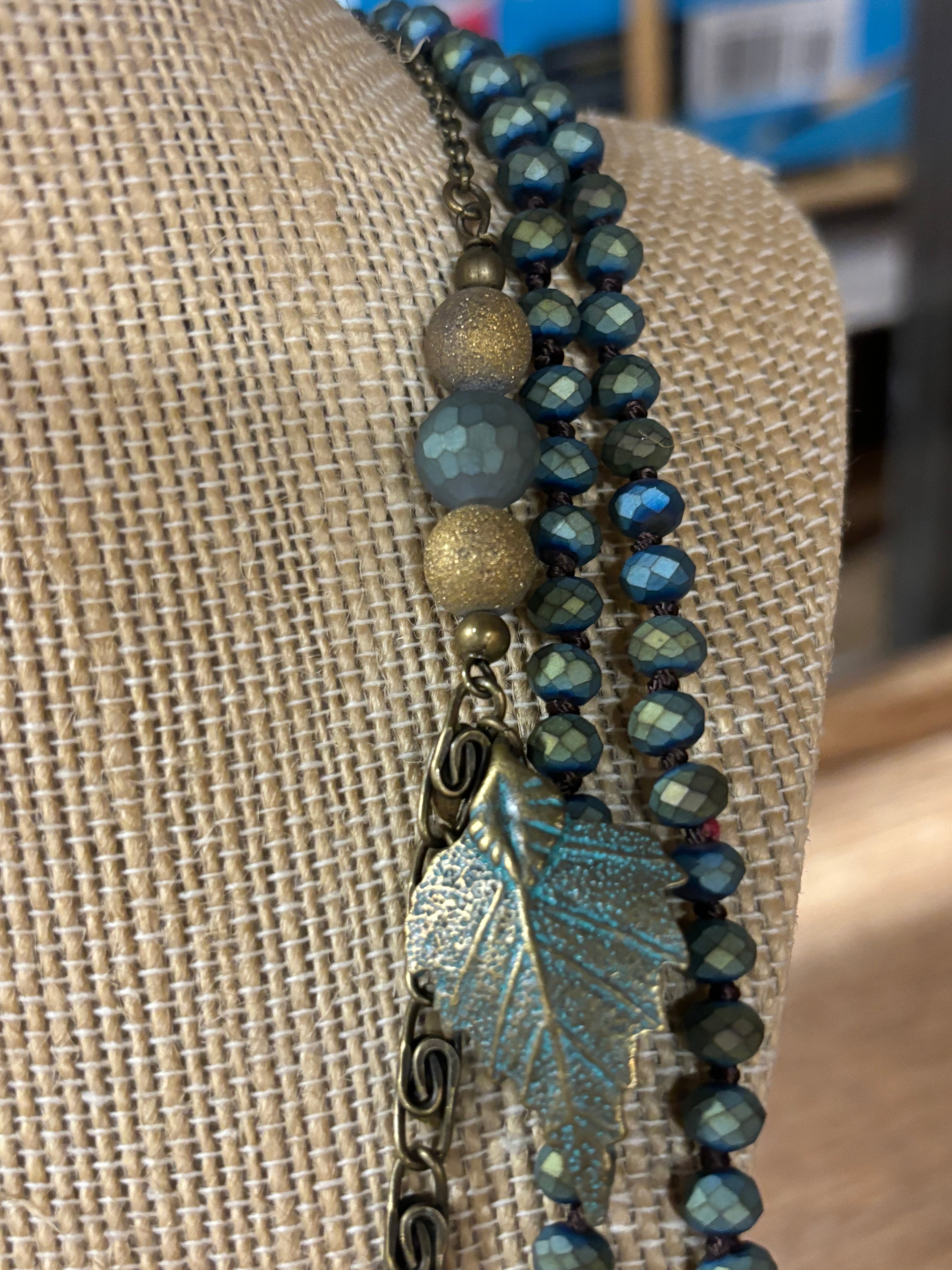 Vintage Chain & Beaded Necklace with Patina Leaves and Stone Pendant