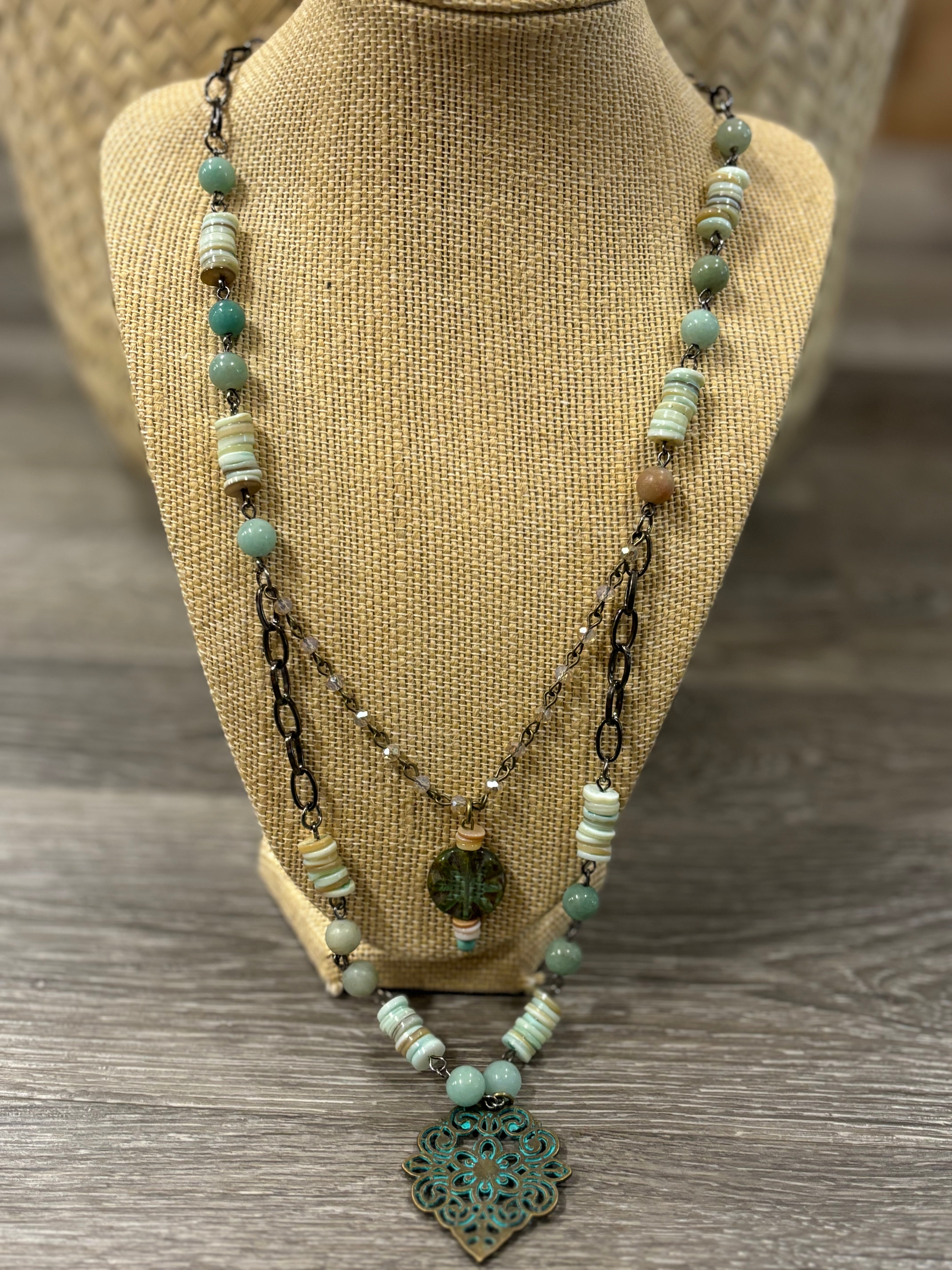 Boho Layered Stone & Patina Pendant Necklace