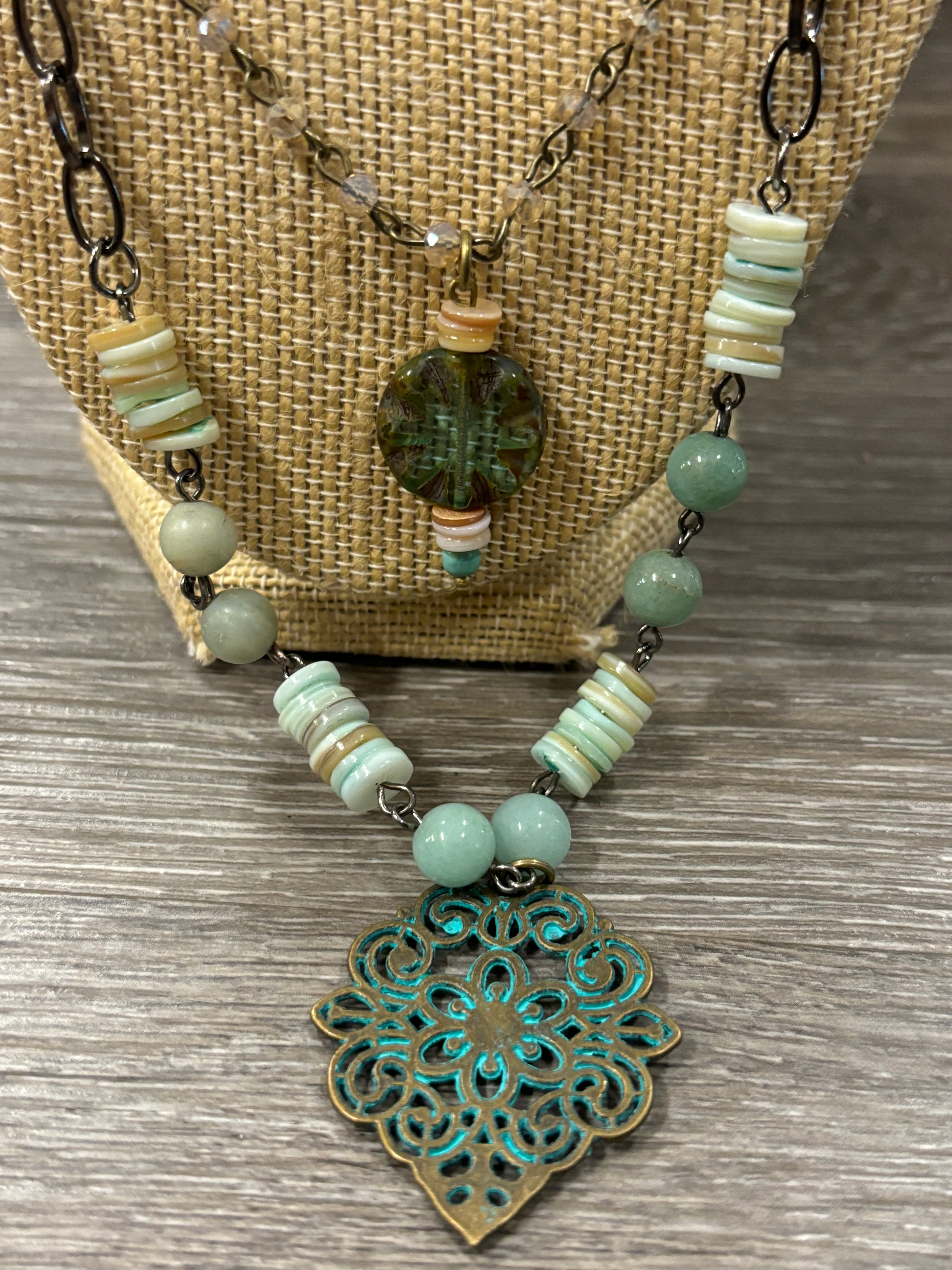Boho Layered Stone & Patina Pendant Necklace