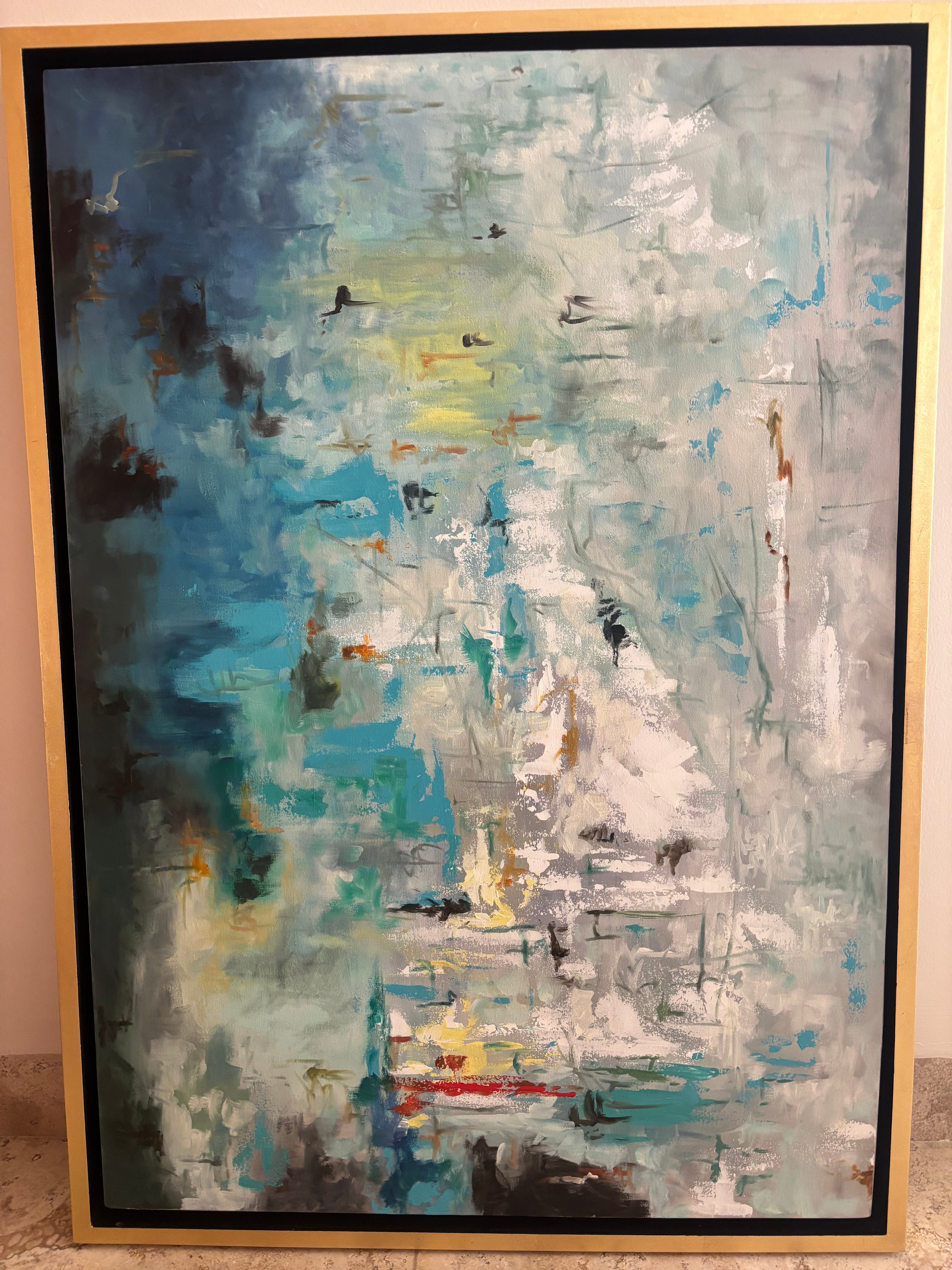 Blue with Gold Leaf Frame Custom Abstract Painting