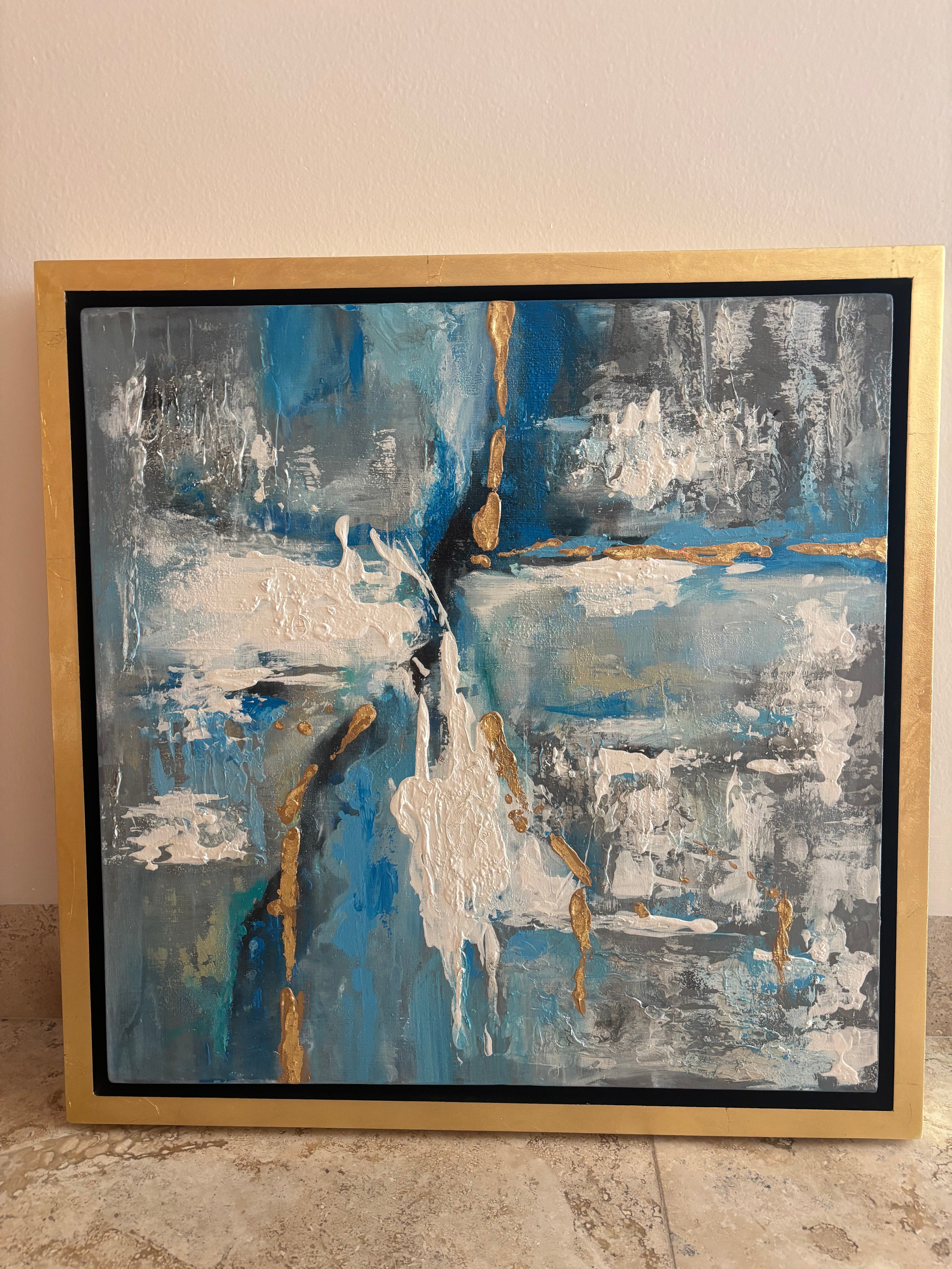 Blue Hues with Gold Leaf Frame Custom Abstract Painting