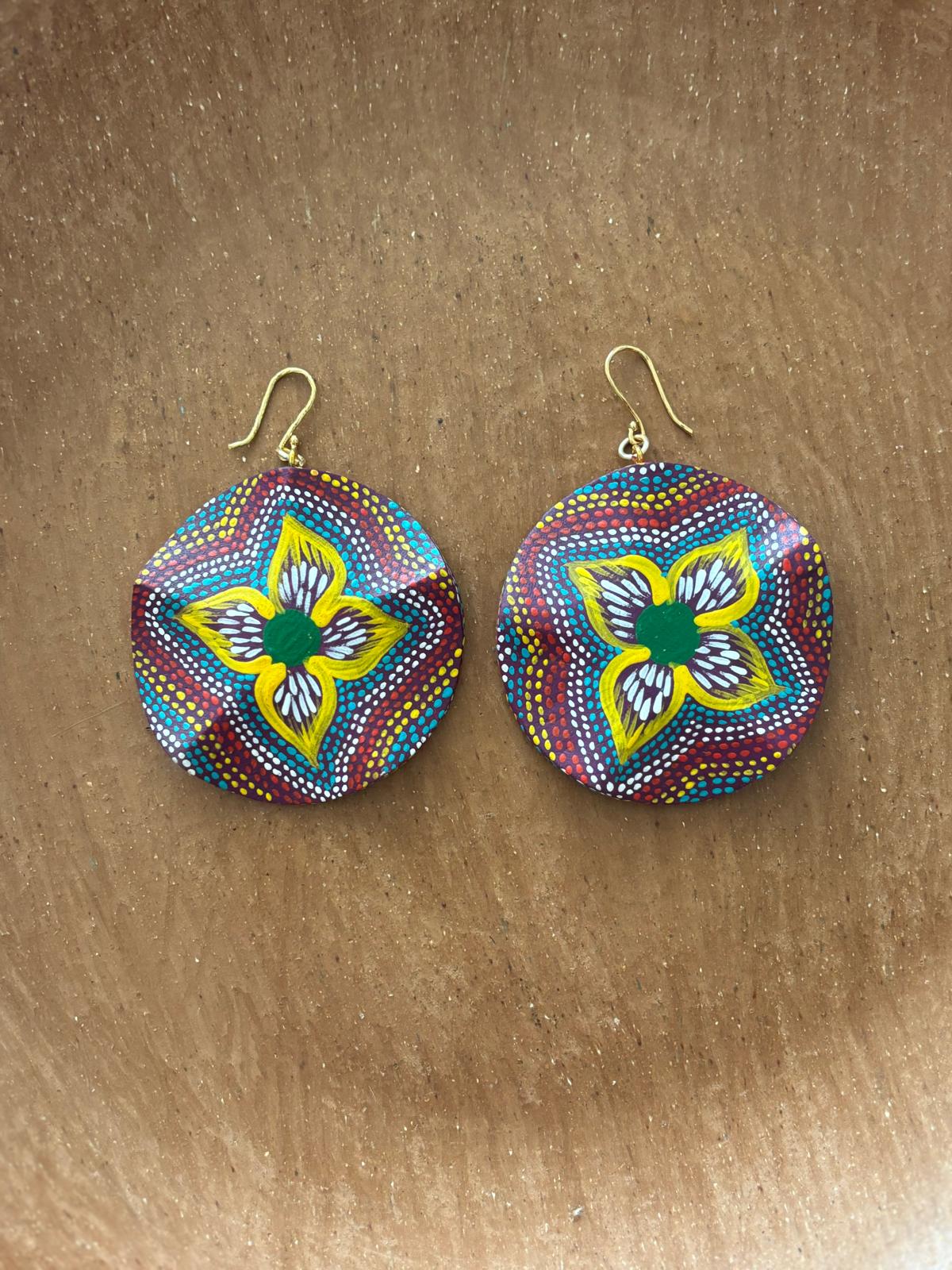 Large Round Maroon and Yellow with Yellow & Green Starflower Earrings