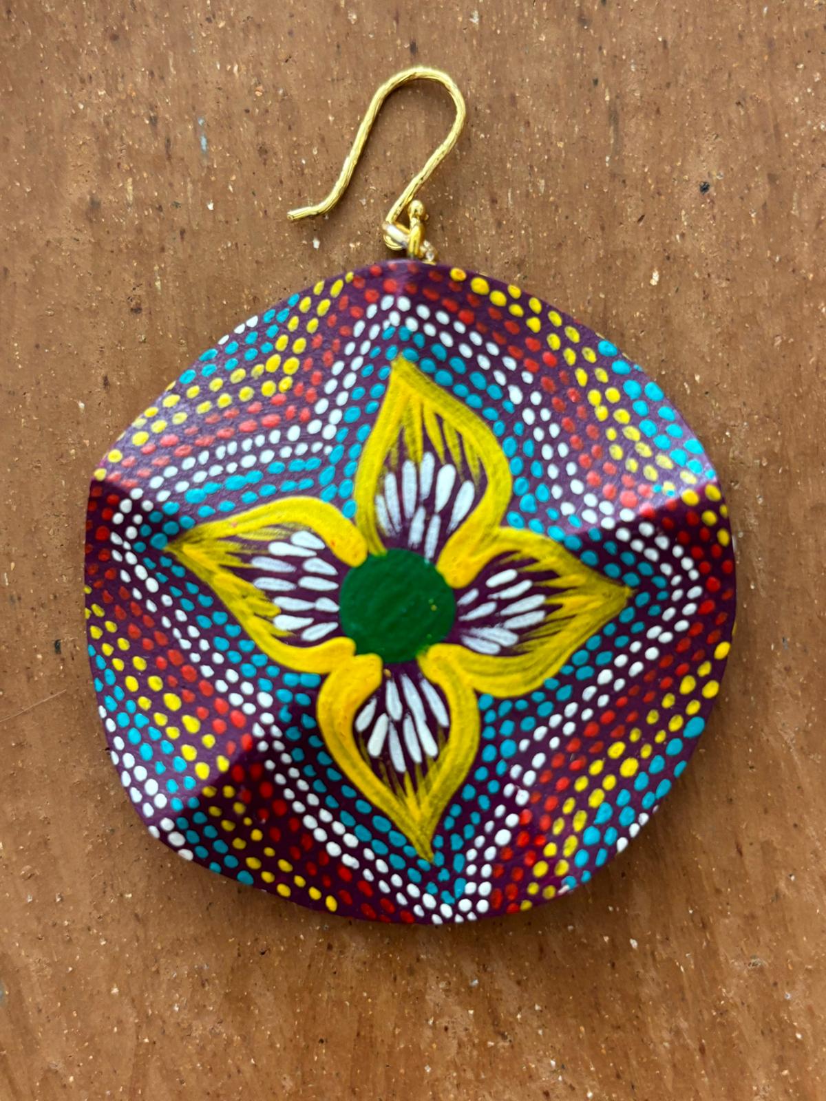 Large Round Maroon and Yellow with Yellow & Green Starflower Earrings