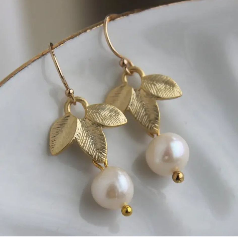 Gold Freshwater Pearl Leaf Earrings