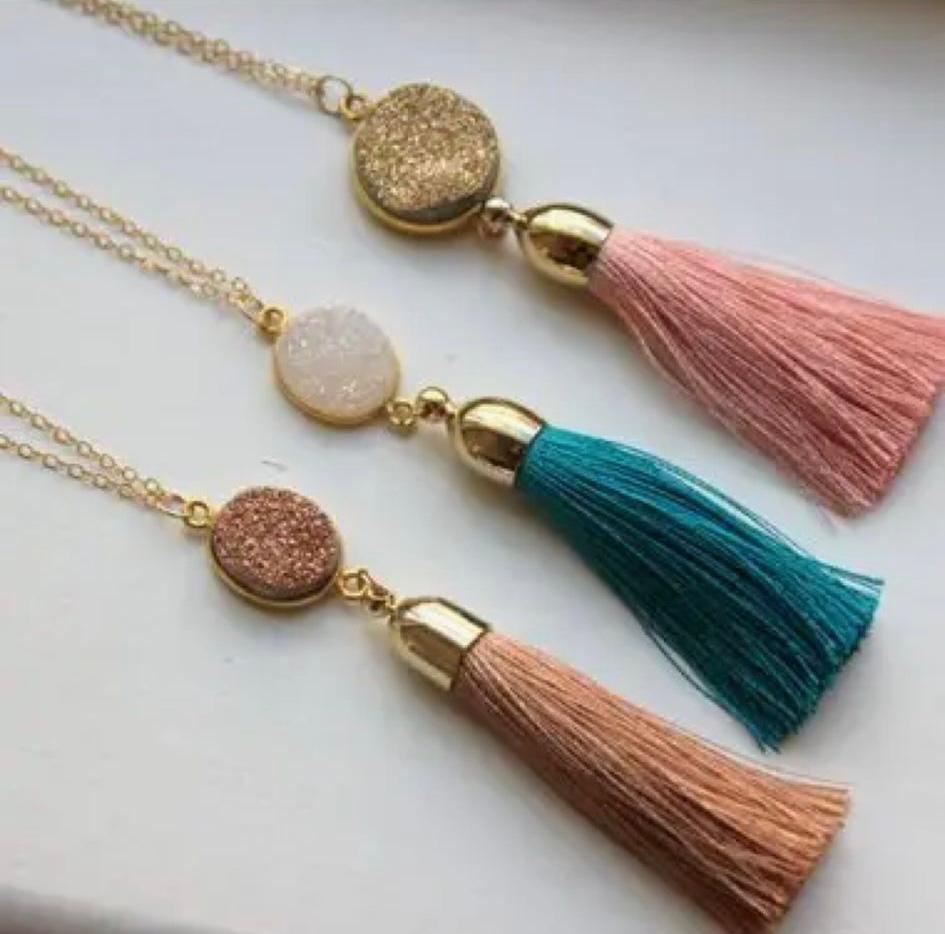 Rose Gold Beige Tassel Drusy Necklace