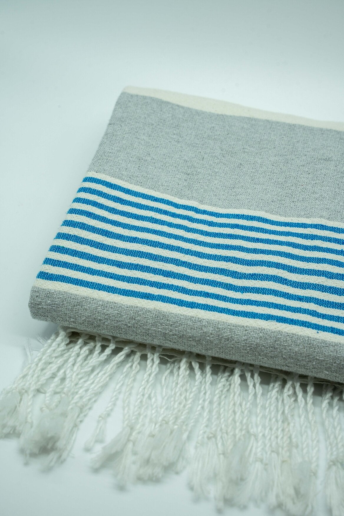 Cream and Grey Block with Turquoise Beach Blanket with Tassels