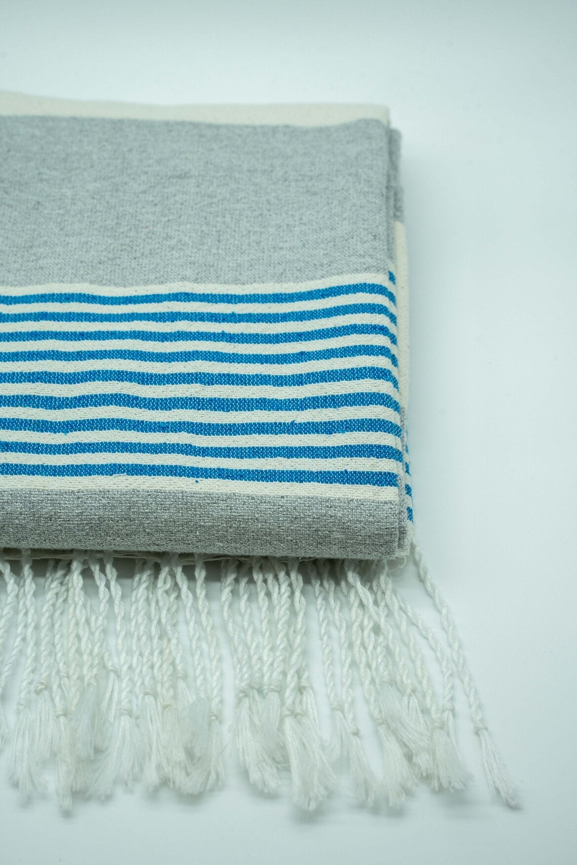 Cream and Grey Block with Turquoise Beach Blanket with Tassels