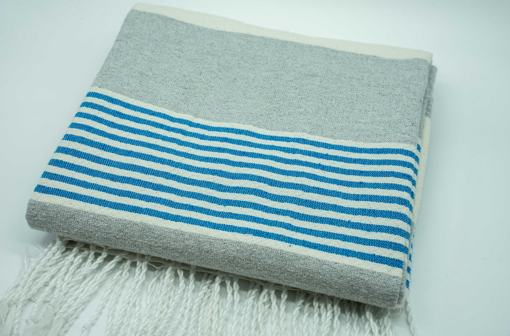 Cream and Grey Block with Turquoise Beach Blanket with Tassels
