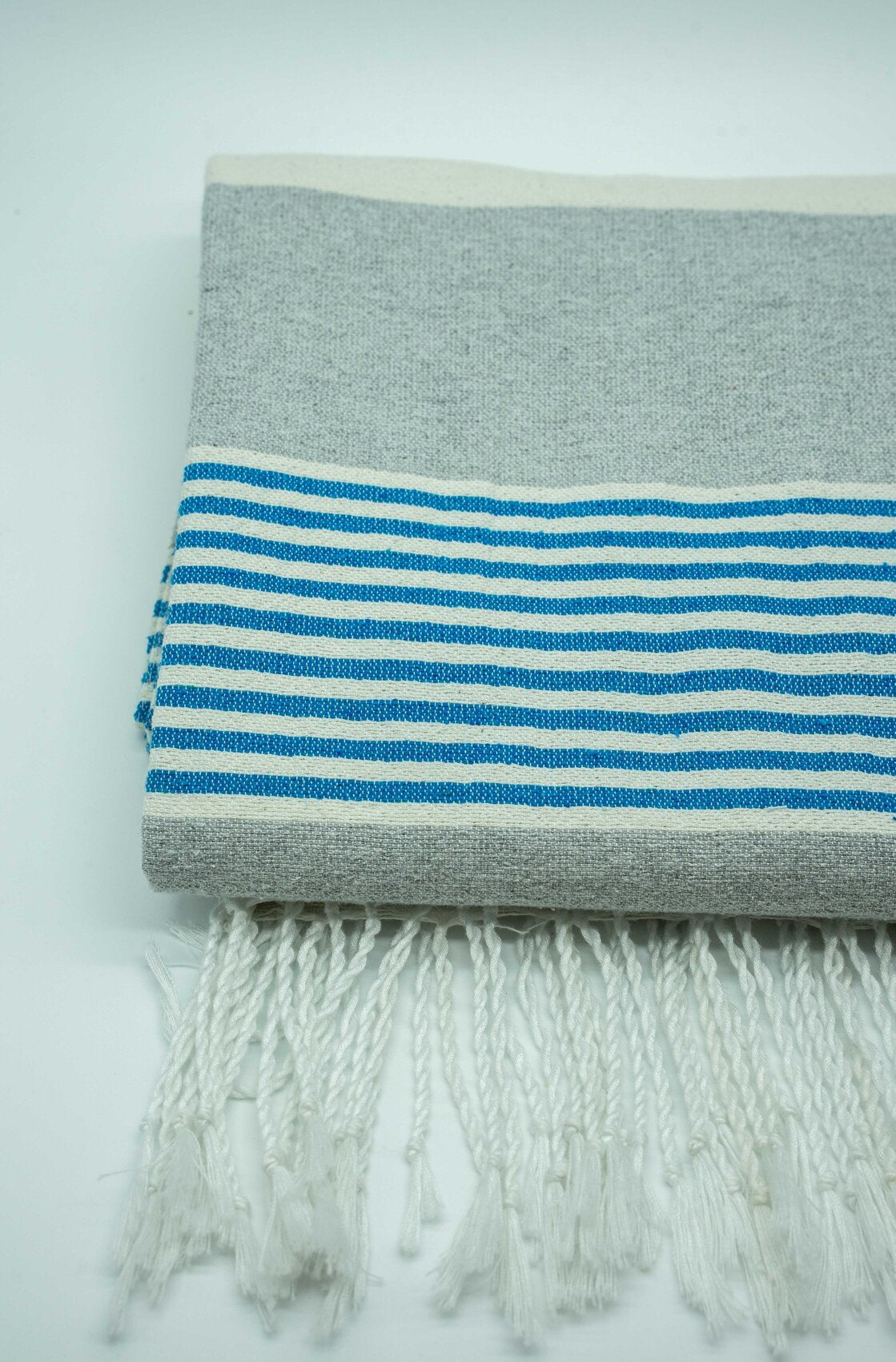 Cream and Grey Block with Turquoise Beach Blanket with Tassels